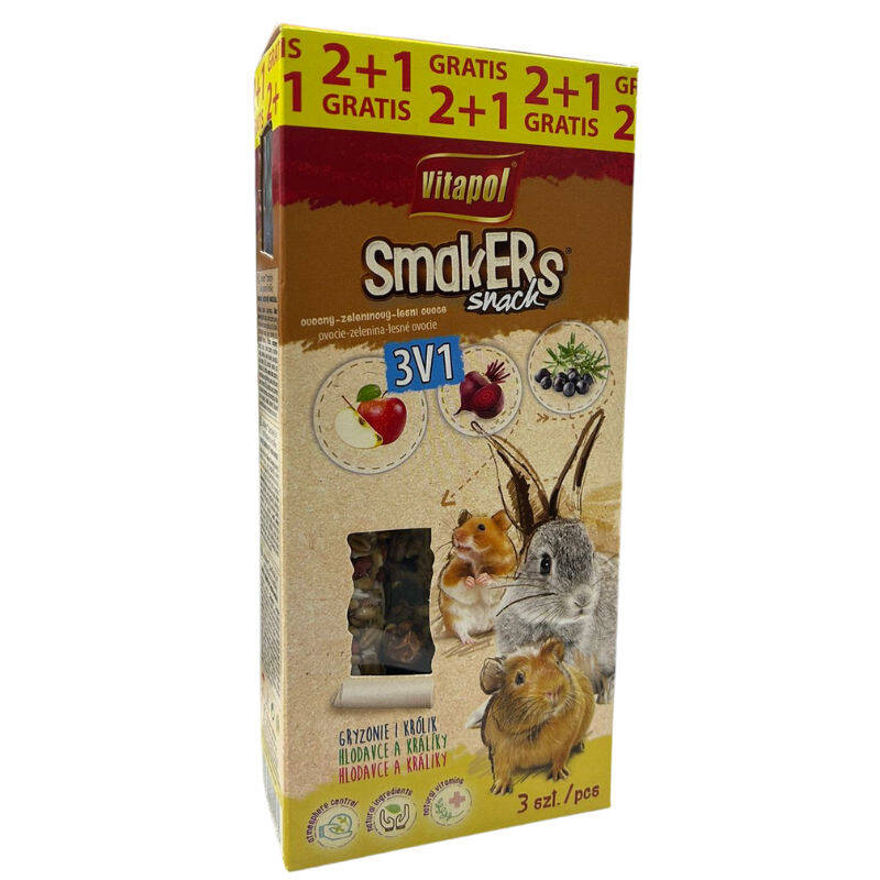 Vitapol Smakers gəmirci üçün meyvə,tərəvəz və meşə meyvəli 3in1 taxıl çubuqlar 3 əd (135g) - 1